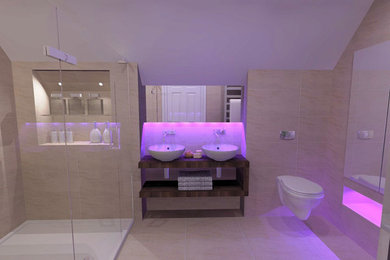 Photo of a mid-sized contemporary bathroom in Glasgow with an open shower, a wall-mount toilet, beige tile and beige walls.
