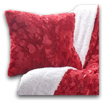 Luxury Faux Fur Euro Throw Pillow Covers, Candy Apple Red Hearts, 26" X 26"