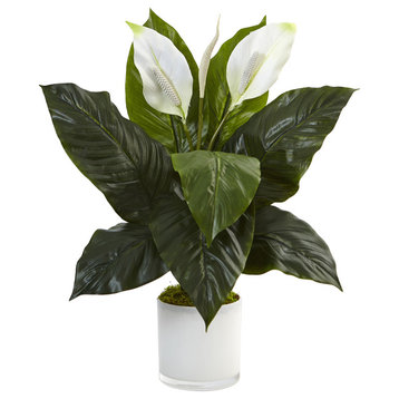 Spathiphyllum Artificial Flowering Peace Lily, Glossy Glass Planter