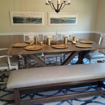Farm House Country Trestle Table, Genuine Leather Covered Bench and Chairs