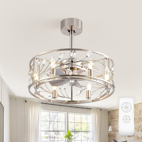 20" Crystal Caged Chandelier Ceiling Fans with Light Kit and Remote Control, Satin Nickel
