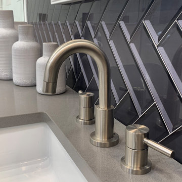 Beveled Glass Tile Splash Set in Vertical Herringbone Pattern