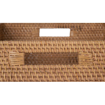 Loma Rectangular Decorative Rattan Storage Basket With Handles, Honey Brown