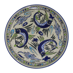 Le Souk Ceramique - Round Stoneware Platter Aqua Fish Design - Serving Dishes And Platters