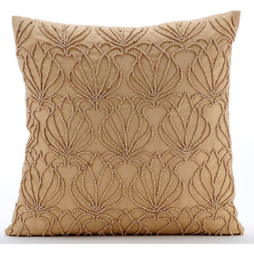 Beaded Lotus Pattern Gold Taffeta 16"x16" Throw Pillow Covers, Gold Jardin