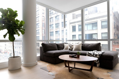 Inspiration for a small scandinavian open concept laminate floor living room remodel in New York with white walls