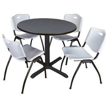 Cain 42" Round Breakroom Table, Gray and 4 'M' Stack Chairs, Gray