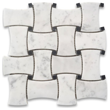 Carrara White Black Marble Dogbone Wicker Weave Mosaic Tile Honed, 1 sheet