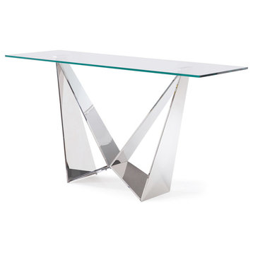 Modern Serra Console Table - Clear Glass with Polished Stainless Steel Base