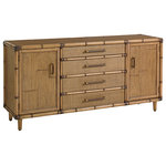 Tommy Bahama Home - Sandy Point Buffet - Offering ample storage, the buffet features crushed bamboo door fronts and raffia drawer fronts and end panels. Tapered feet with metal ferrules finished in antique brass complete the look. Behind its two doors are three adjustable shelves. It has four drawers; the top drawer is felt lined and divided for silver.