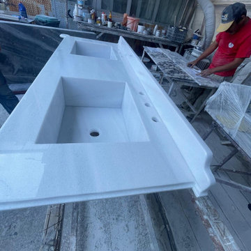 Custom Carrara White Marble Double Vanity with Walnut Cabinet