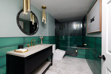 Bathroom - modern green tile white floor and single-sink bathroom idea in DC Metro with green walls, a hinged shower door and a freestanding vanity