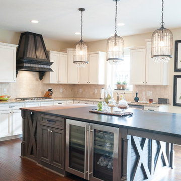 Transitional Khitchen with Gray Island Cabinets and a Beverage Fridge