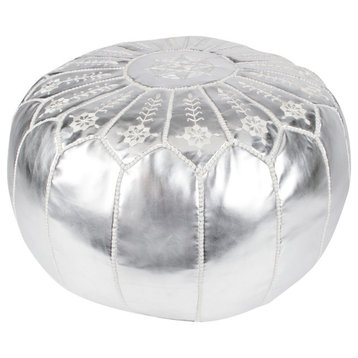 Embroidered Leather Pouf, Silver on Silver Starburst Stitch