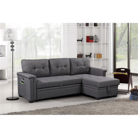 Ashlyn Gray Fabric Reversible Sleeper Sofa Storage Chaise with USB Charger
