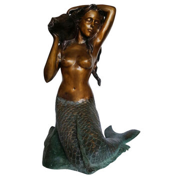 Mermaid Holding a Shell Bronze statue fountain Art Nude 26"L x 18"W x 36"H