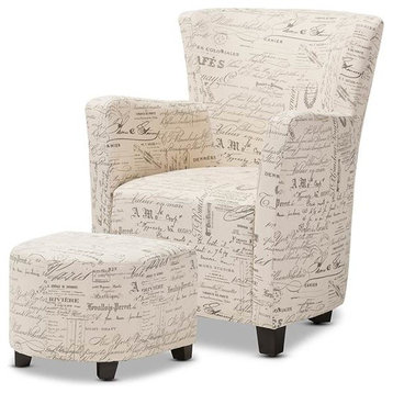 Baxton Studio Benson French Script Patterned Fabric Club Chair And Ottoman Set