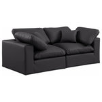 Meridian Furniture - Comfy Upholstered Modular Sofa, Black, 2-Piece: 2 Corner Chair, Vegan Leather - Give your space a whole new look with this black Comfy vegan leather sofa. This handsome sofa fits nicely with other items in the Comfy collection and is a versatile seating option designed for adaptability, comfort and style. Wrapped in rich black durable vegan leathered upholstery, this sofa offers a plush embrace of overstuffed down feather cushions, carefully crafted to deliver the highest level of comfort. The perfect seat for creating an oasis for relaxation, this sofa has thick foam surrounding its frame for added support and coziness.