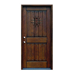 36 in. x 80 in. Rustic Mahogany Type Stained Distressed Solid Wood Speakeasy Pre - Front Doors