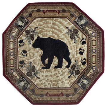 Black Bear Novelty Pattern Lodge Area Rug, Brown, 7'10'' Octagon