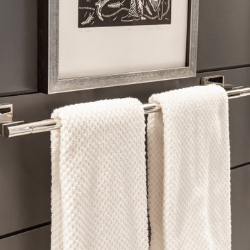 Polished Nickel towel bars to pop against gray shiplap