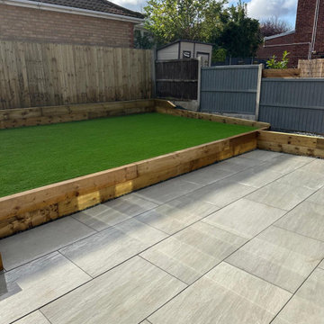 Raised Artificial Grass Lawn in Oak Sleeper Edging