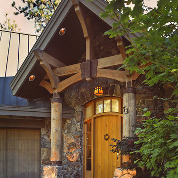 Tahoe Lakefront entry, weathering stain log posts, semi transparent stain door