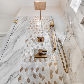 Gold Rainfall Shower with Mosaic Accent Wall