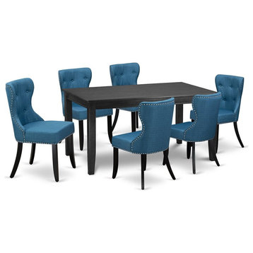 East West Furniture Dudley 7-piece Wood Dining Set in Black/Mineral Blue
