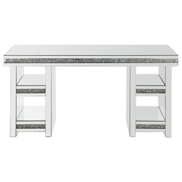 Noralie Writing Desk, Clear Glass, Mirrored and Faux Diamonds