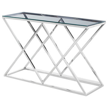 Mishie Angled Stainless Steel Clear Glass Sofa Table, E48, Silver