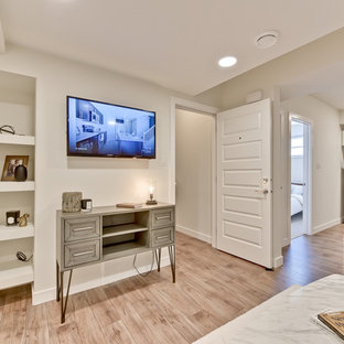 Medium sized contemporary look-out basement in Edmonton with lino flooring and brown floors.