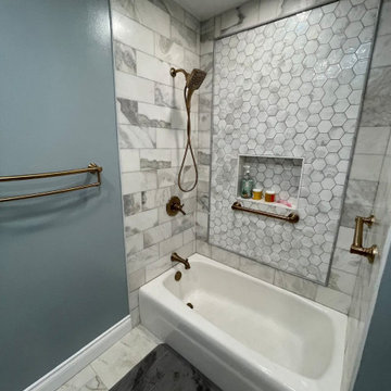 Master Bathroom, Blues, Golds and whites
