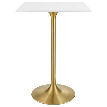 Modway Lippa 28" Square Metal & Wood Bar Table in Gold and White