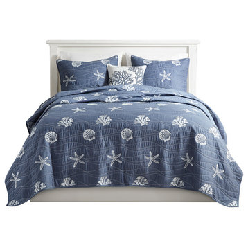Harbor House Seaside 4 Piece Cotton Reversible Embroidered Quilt Set