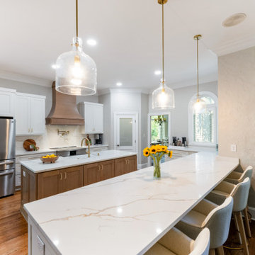 Quartz Waterfall Island with Copper Hood and Glass Pendant Lighting