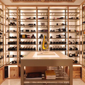 Gold Metal and Oak Wine Racking Detail - Miami Wine Cellar