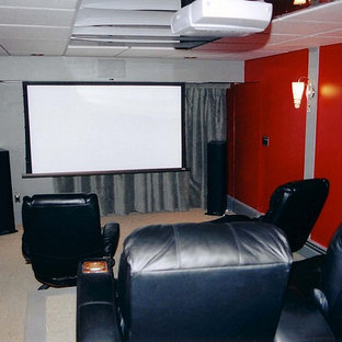 Home theater - mid-sized craftsman enclosed carpeted home theater idea in Providence with red walls and a projector screen