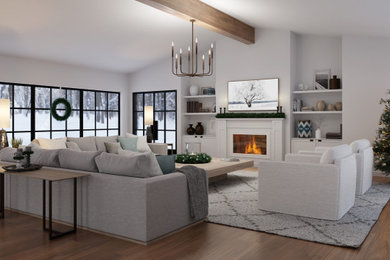 Living room - mid-sized transitional open concept medium tone wood floor, brown floor and exposed beam living room idea in Vancouver with white walls, a standard fireplace, a wood fireplace surround and a wall-mounted tv