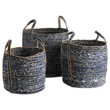 Set 3 Rustic Casual Reclaimed Denim Blue Round Tote Baskets with Handles Large
