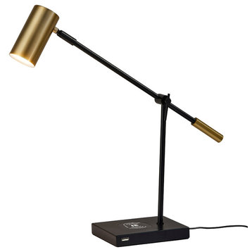Collette Wireless Charging LED Desk Lamp, Black and Antique Brass