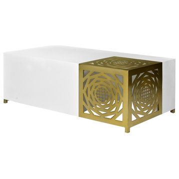 48" Rectangular Modern Coffee Table With Cut Out Design, White and Brass