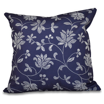 Traditional Floral, Floral Outdoor Pillow, Navy Blue, 20"x20"