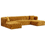 Meridian Furniture - Coco Velvet Upholstered 3pc. Sectional, Gold - Make room for the whole gang when you add this Coco velvet three-piece sectional to your living room, den or family room. This beautiful sectional features soft gold crushed velvet upholstery covering every surface for a look that's sumptuously affluent and elegant. Deep button tufting on the front, sides and back of this sectional sofa give it an upscale look while adding to its resilient form. Deep seats and a generous size make this sectional extra inviting for binge watching TV or taking long, restful naps.