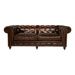 Dark Brown Leather Union Jack Sofa, Andrew Martin Rebel - Traditional