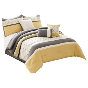 Quatrefoil Print Queen Size 7 Piece Fabric Comforter Set, Yellow And Gray