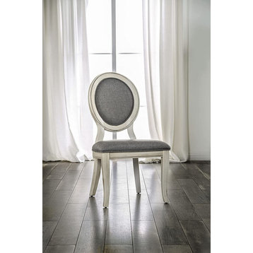 Set of 2 Dining Chair, Padded Seat With Oval Shaped Backrest, Antique White/Grey