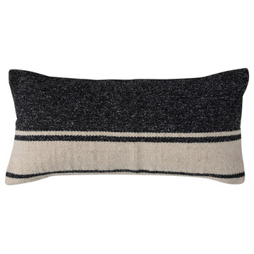 24" Woven Wool Blend Kilim Lumbar Pillow, Cotton Back, Stripes, Charcoal