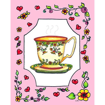 Teacup With Pink Coral Flora Background, Kid's Wall Decor, 16"x20" Canvas