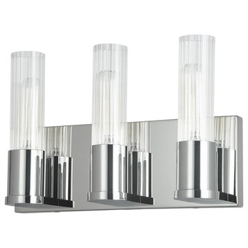 TBE-123W-PC 3 Light Incandescent Vanity, Polished Chrome w/ Clear Fluted Glass